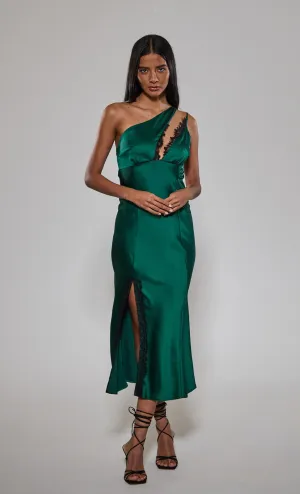 Emerald Lace Detail One Shoulder Slip Dress