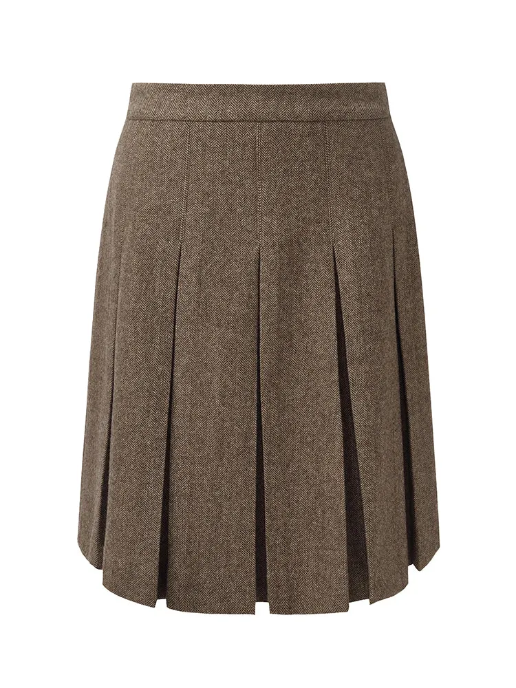 100% Washable Wool Women Front Pleated Mini Skirt