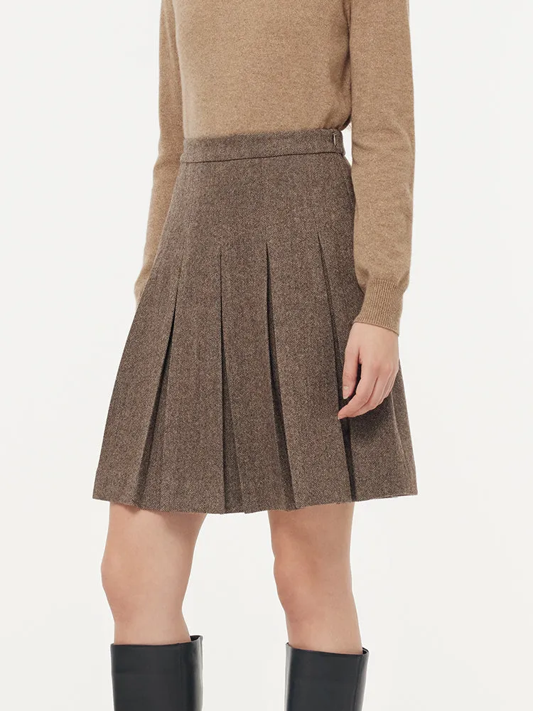 100% Washable Wool Women Front Pleated Mini Skirt