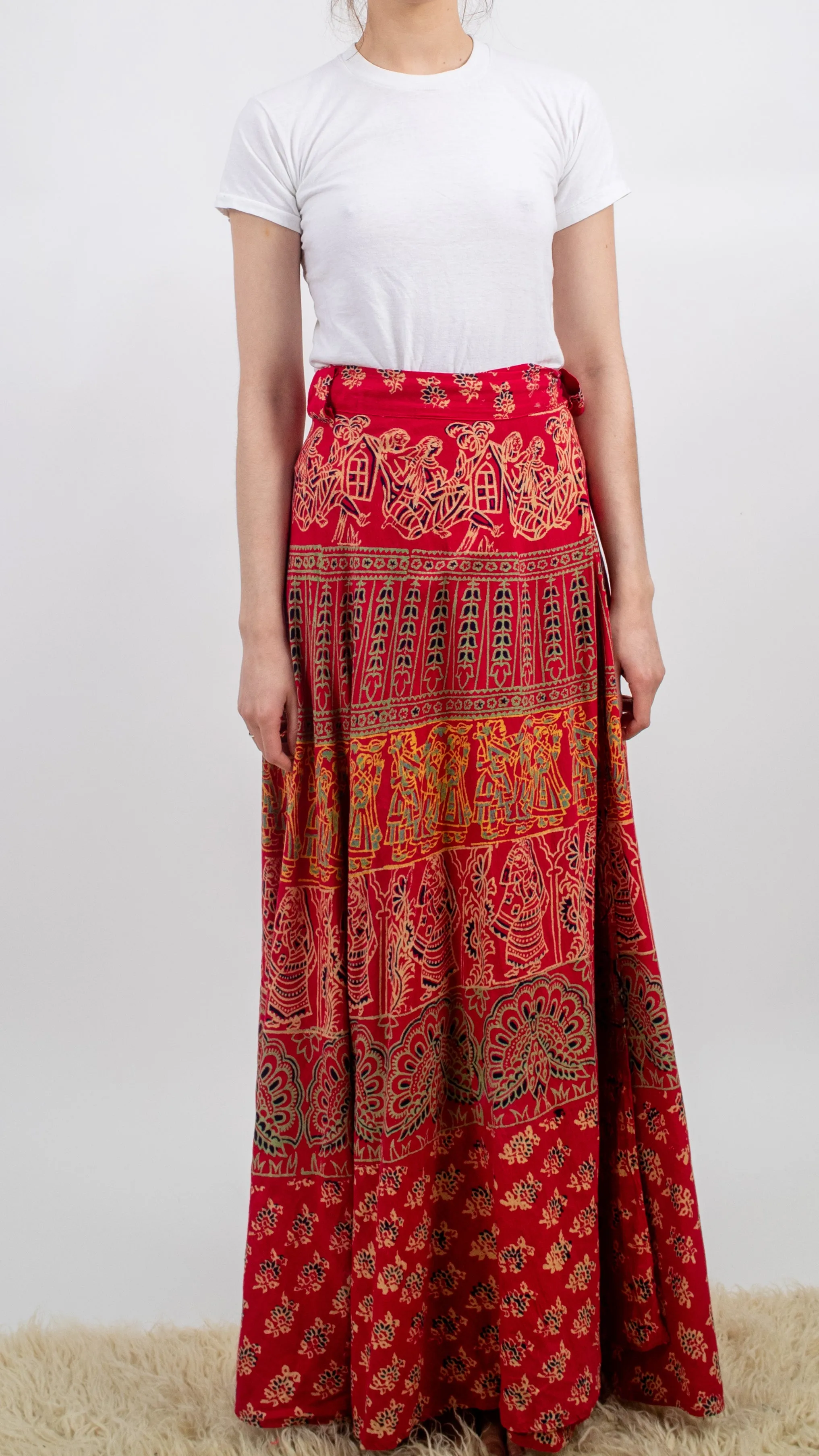 1970s Indian Cotton People Print Maxi Wrap Skirt