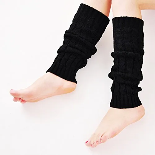 2 Pack of Womens Cable Knit Knee High Knitted Crochet Leg Warmers Long Socks White/Black,One Size