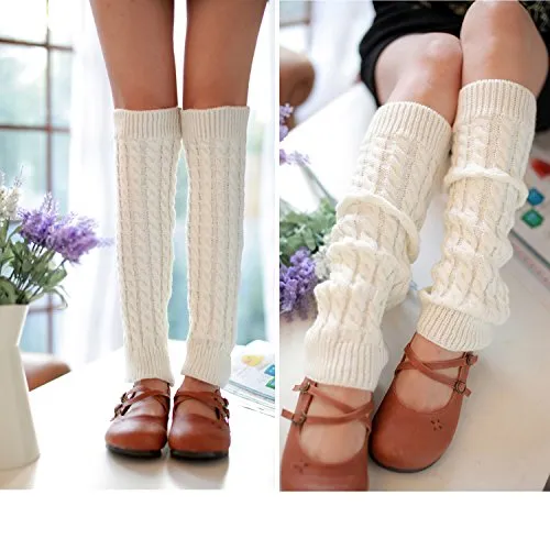 2 Pack of Womens Cable Knit Knee High Knitted Crochet Leg Warmers Long Socks White/Black,One Size