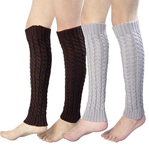 2 Pack of Womens Cable Knit Knee High Knitted Crochet Leg Warmers Long Socks