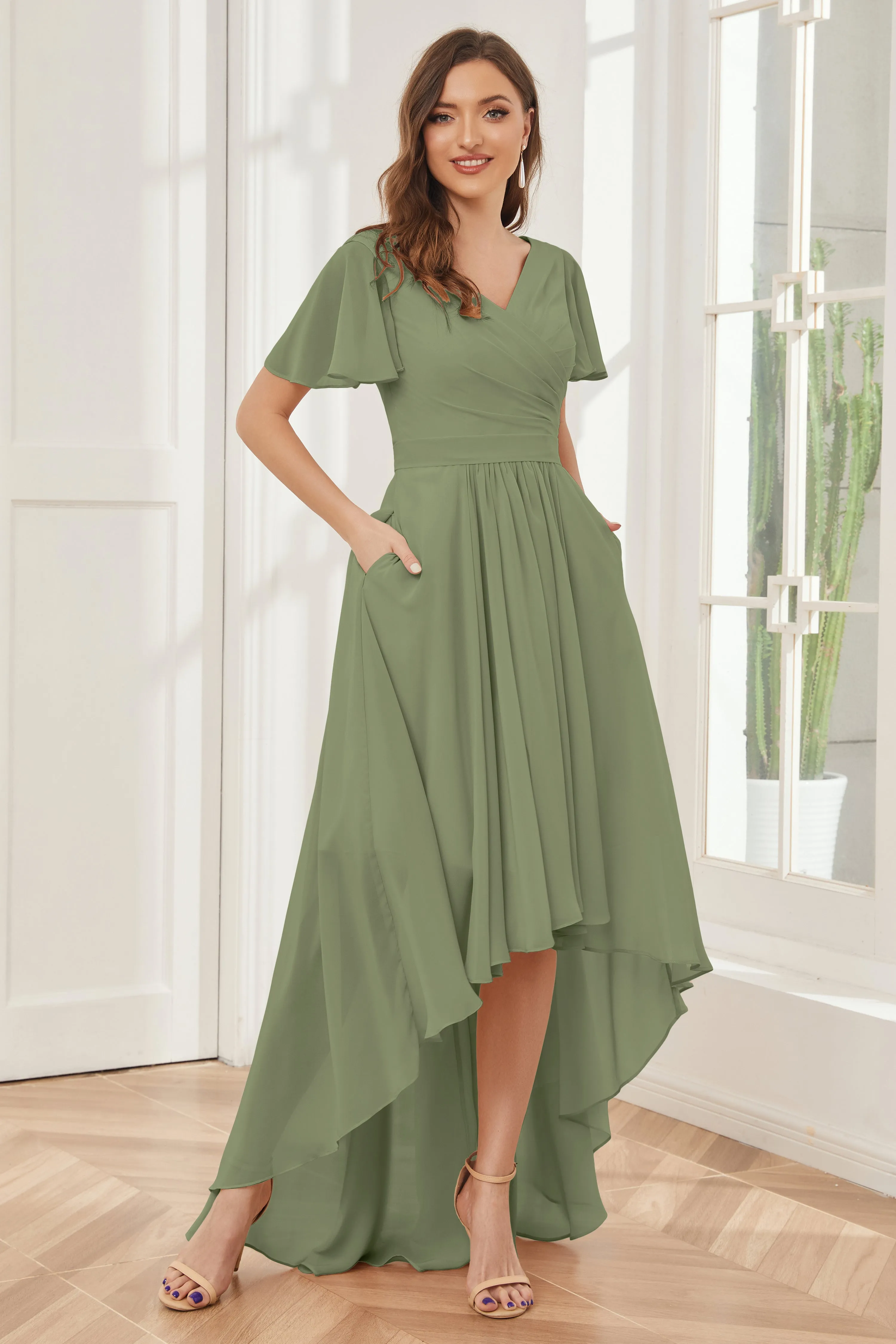 A-line Short Sleeves High Low Chiffon Bridesmaid Dresses