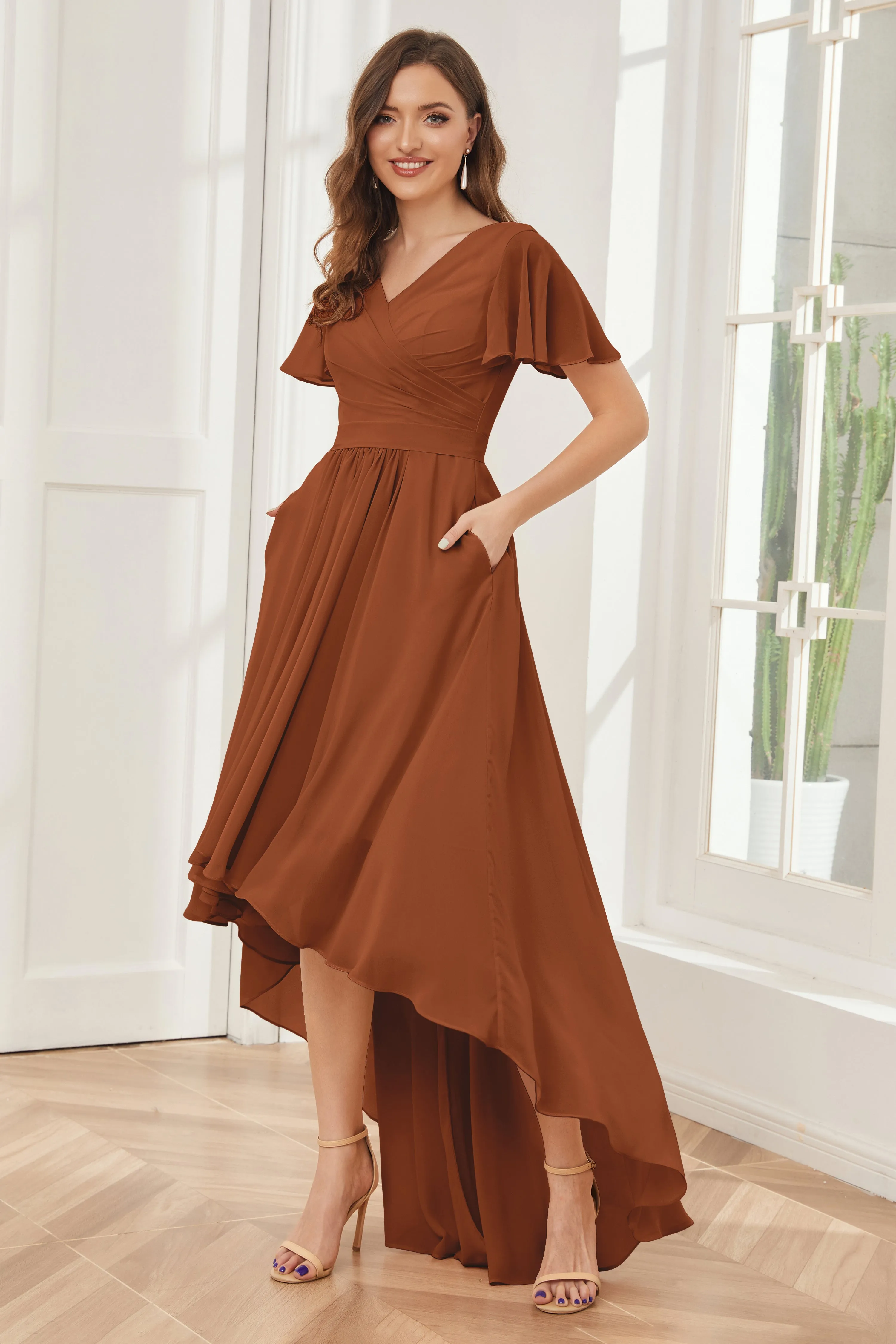 A-line Short Sleeves High Low Chiffon Bridesmaid Dresses