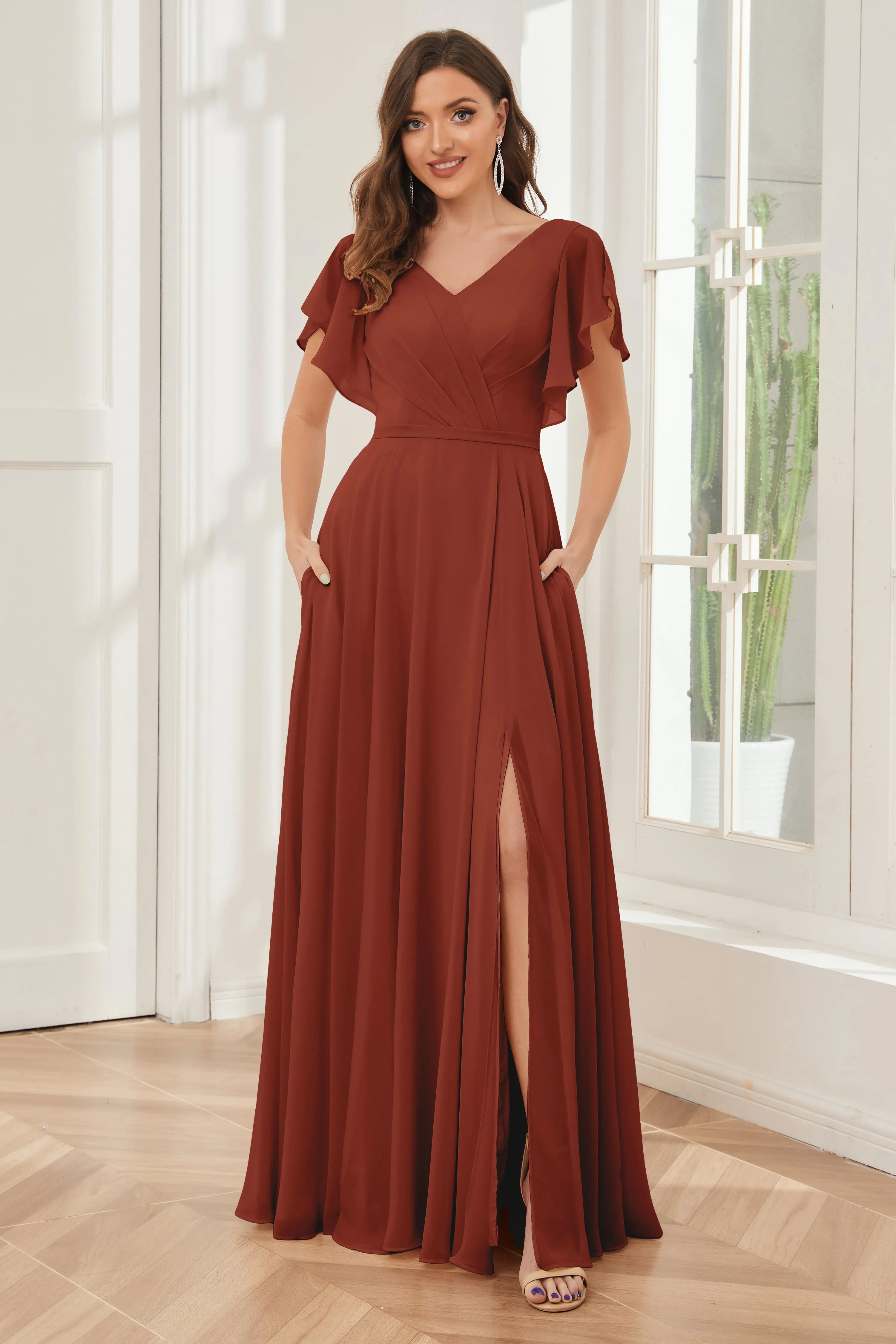 A-line V-neck Ruffle Sleeves Chiffon Bridesmaid Dresses