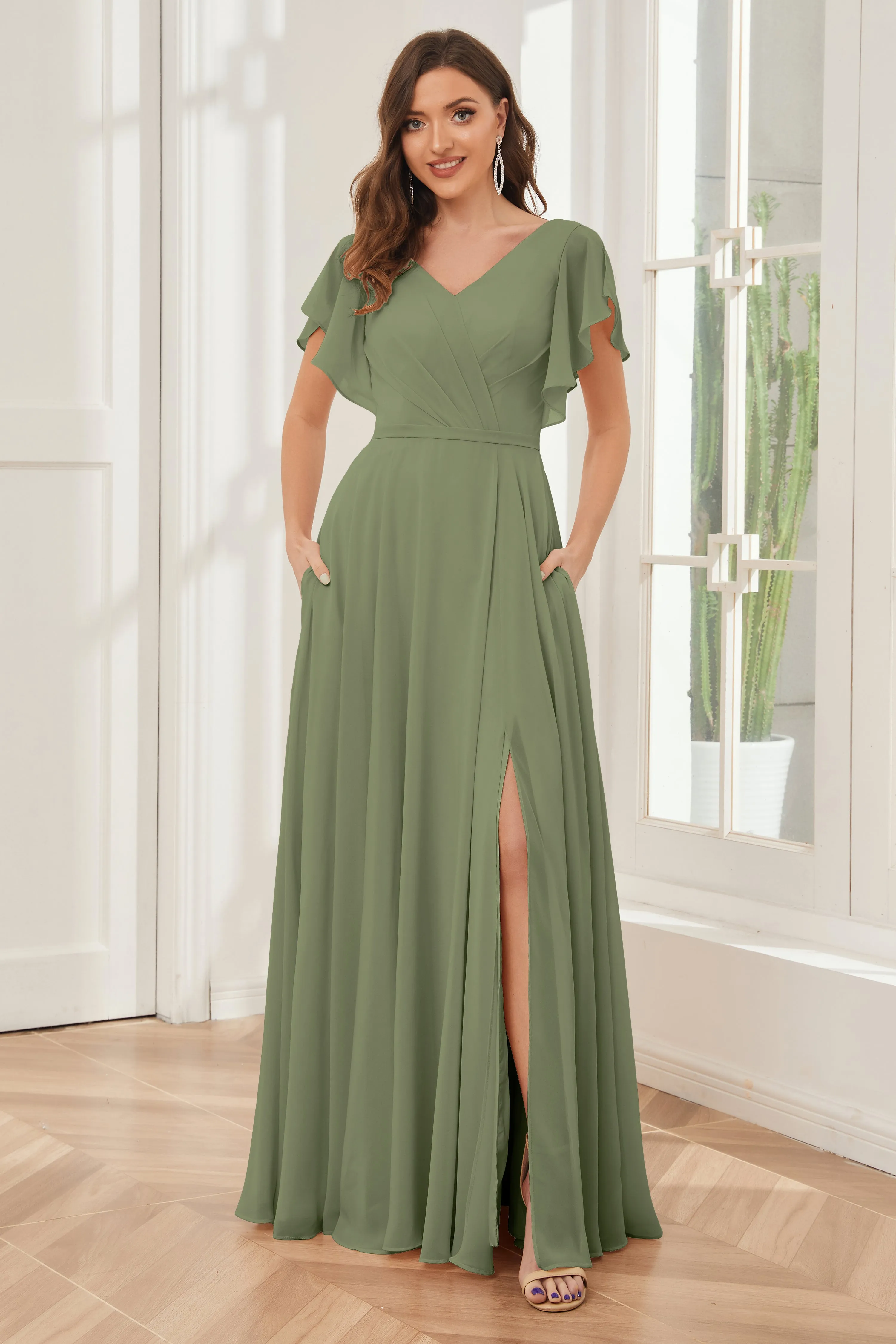 A-line V-neck Ruffle Sleeves Chiffon Bridesmaid Dresses