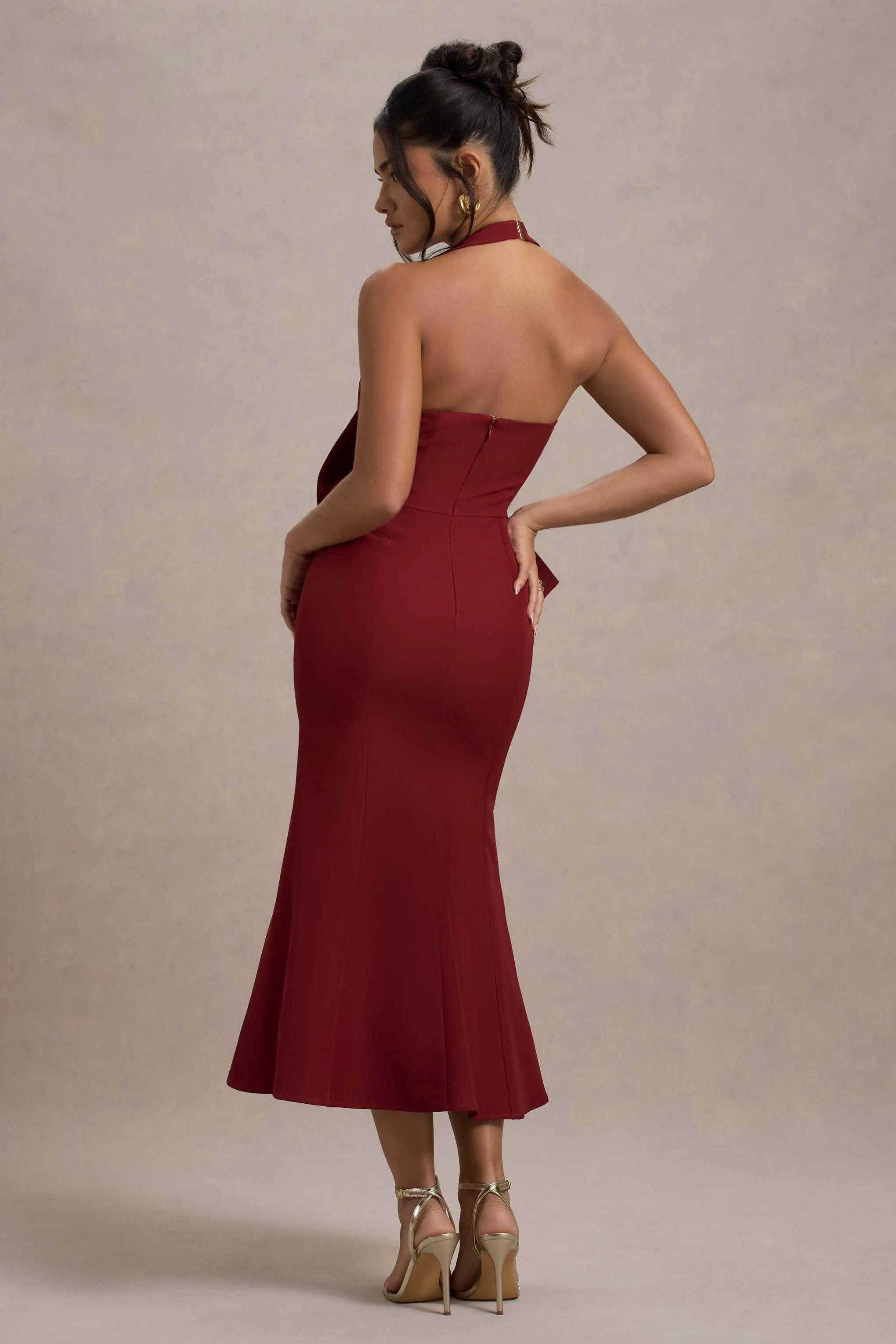 Aman | Berry Halter-Neck Midi Dress With Oversized Bow