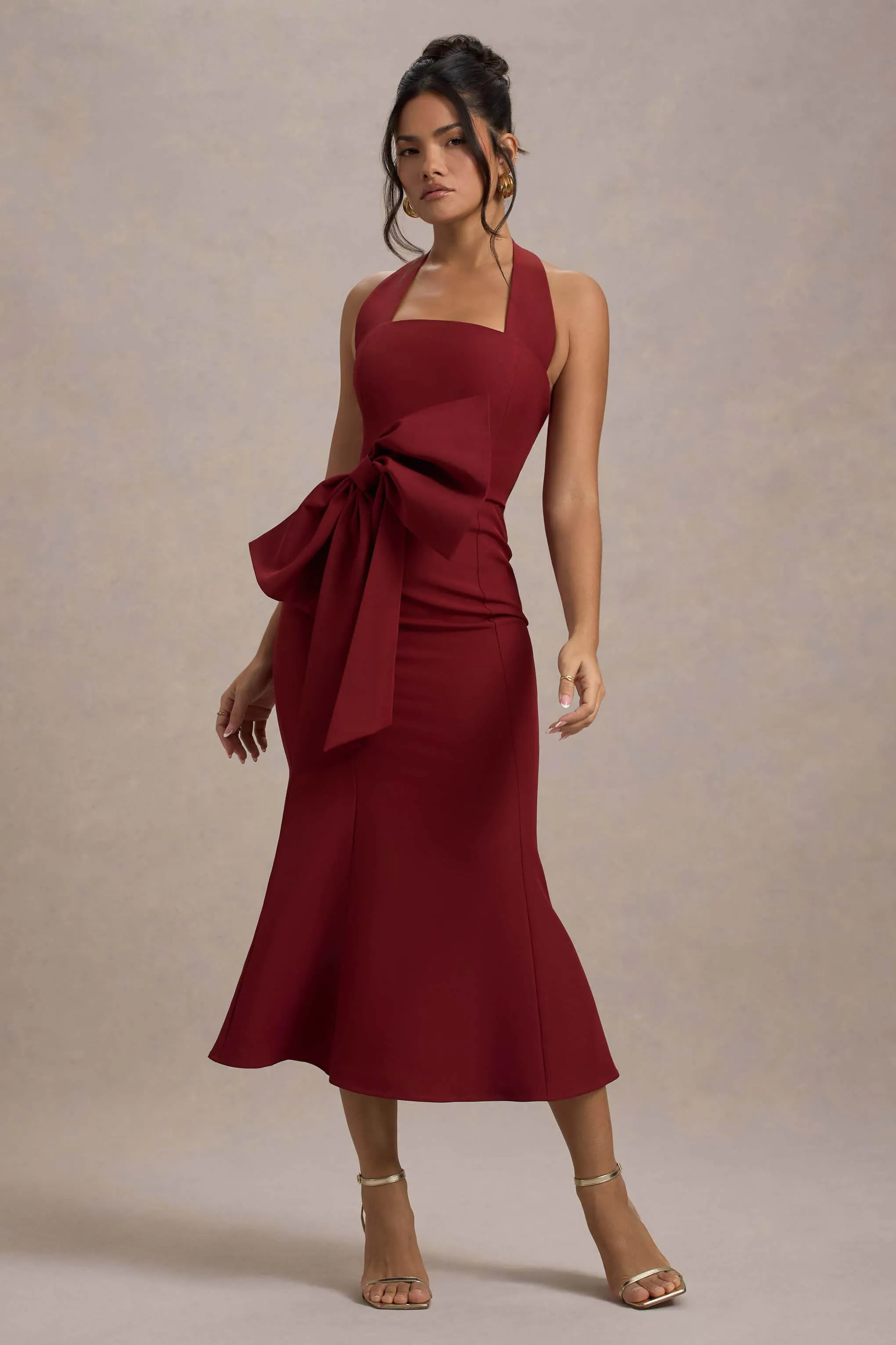 Aman | Berry Halter-Neck Midi Dress With Oversized Bow