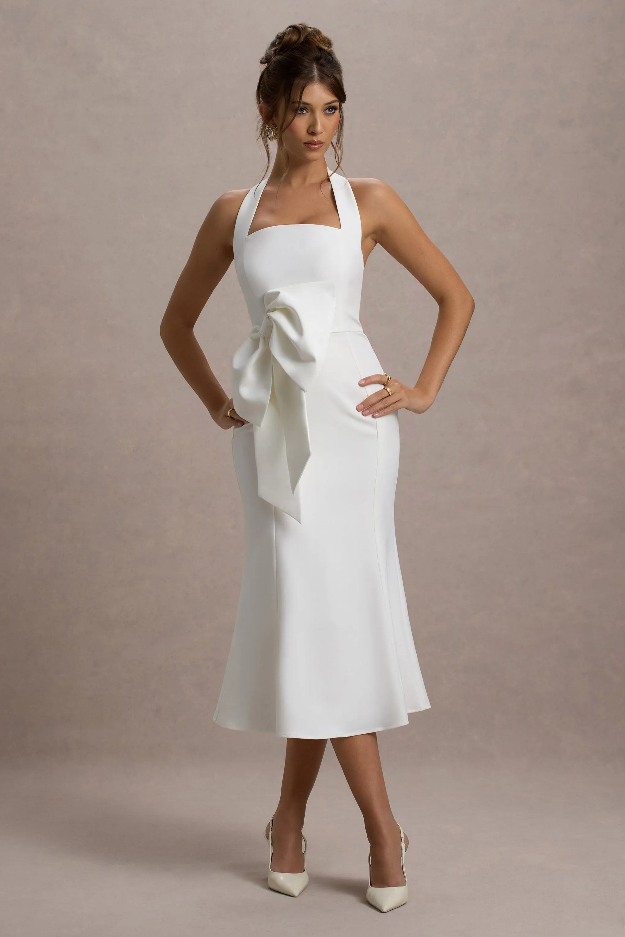 Aman | White Halter-Neck Midi Dress With Oversized Bow