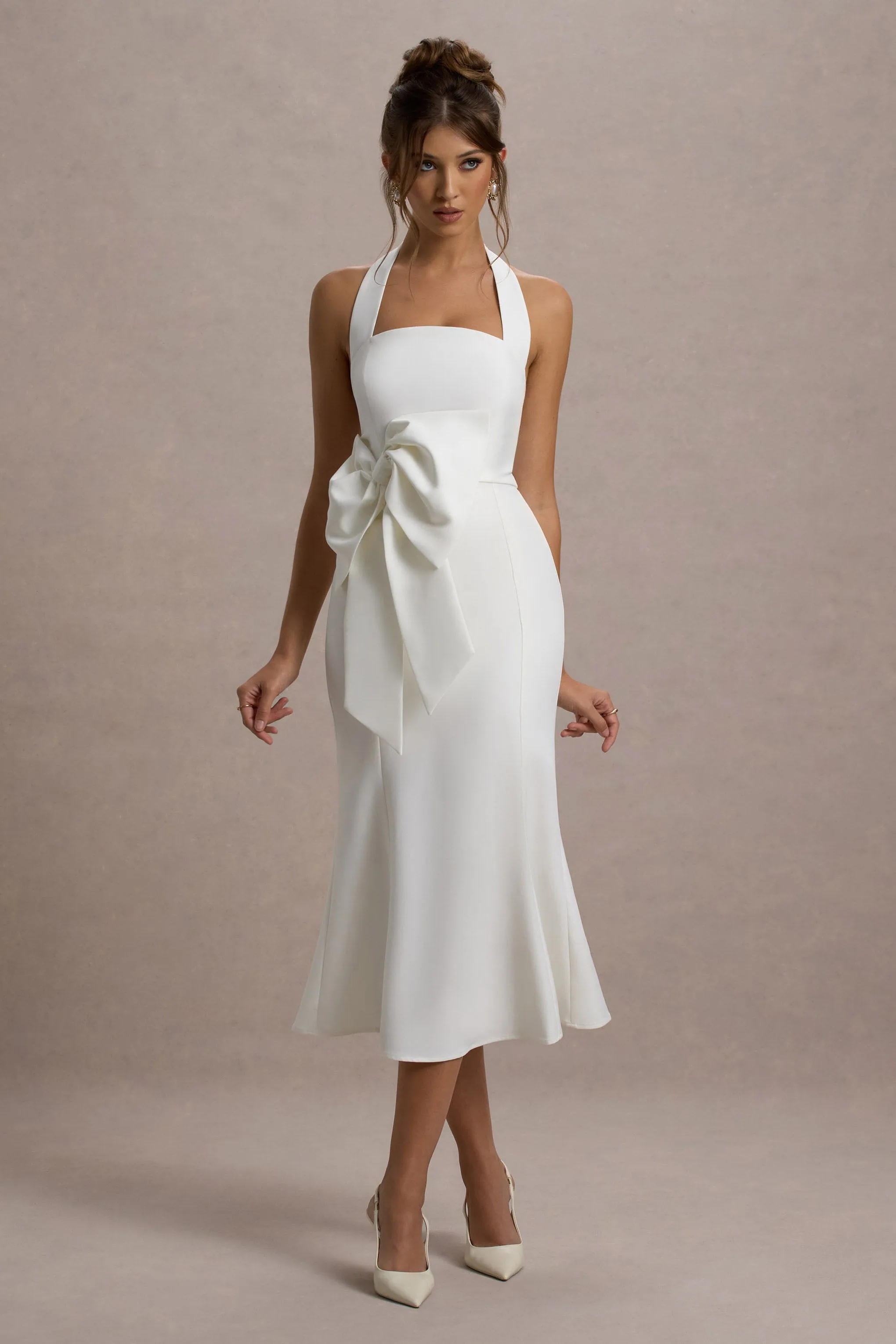 Aman | White Halter-Neck Midi Dress With Oversized Bow