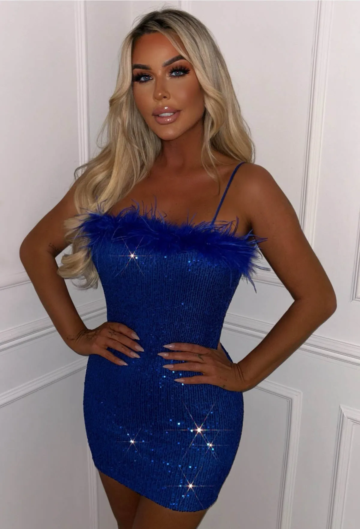 Amazing Daze Cobalt Feather Top Sequin Bandeau Dress