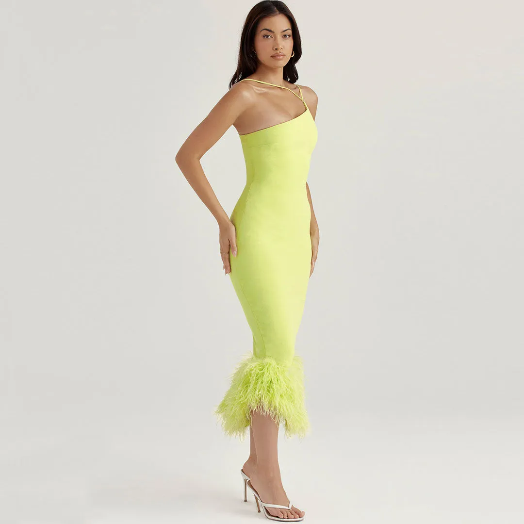 Asymmetric Feather Trim Sleeveless Bodycon Cocktail Midi Dress - Lime Green