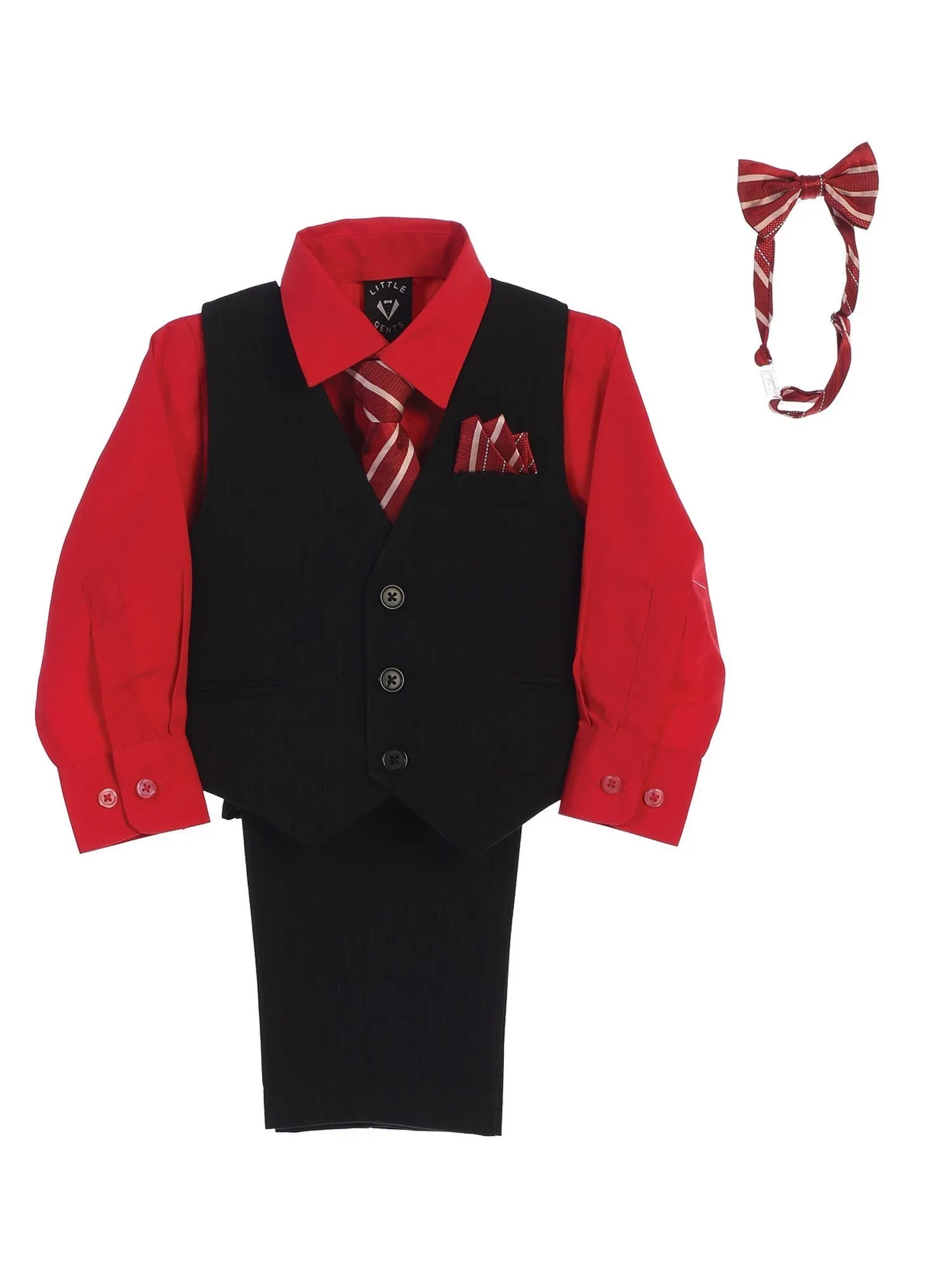 Baby Boys Red Shirt Zipper Tie Bow Tie Pinstripe Vest Pant Set 6-24M