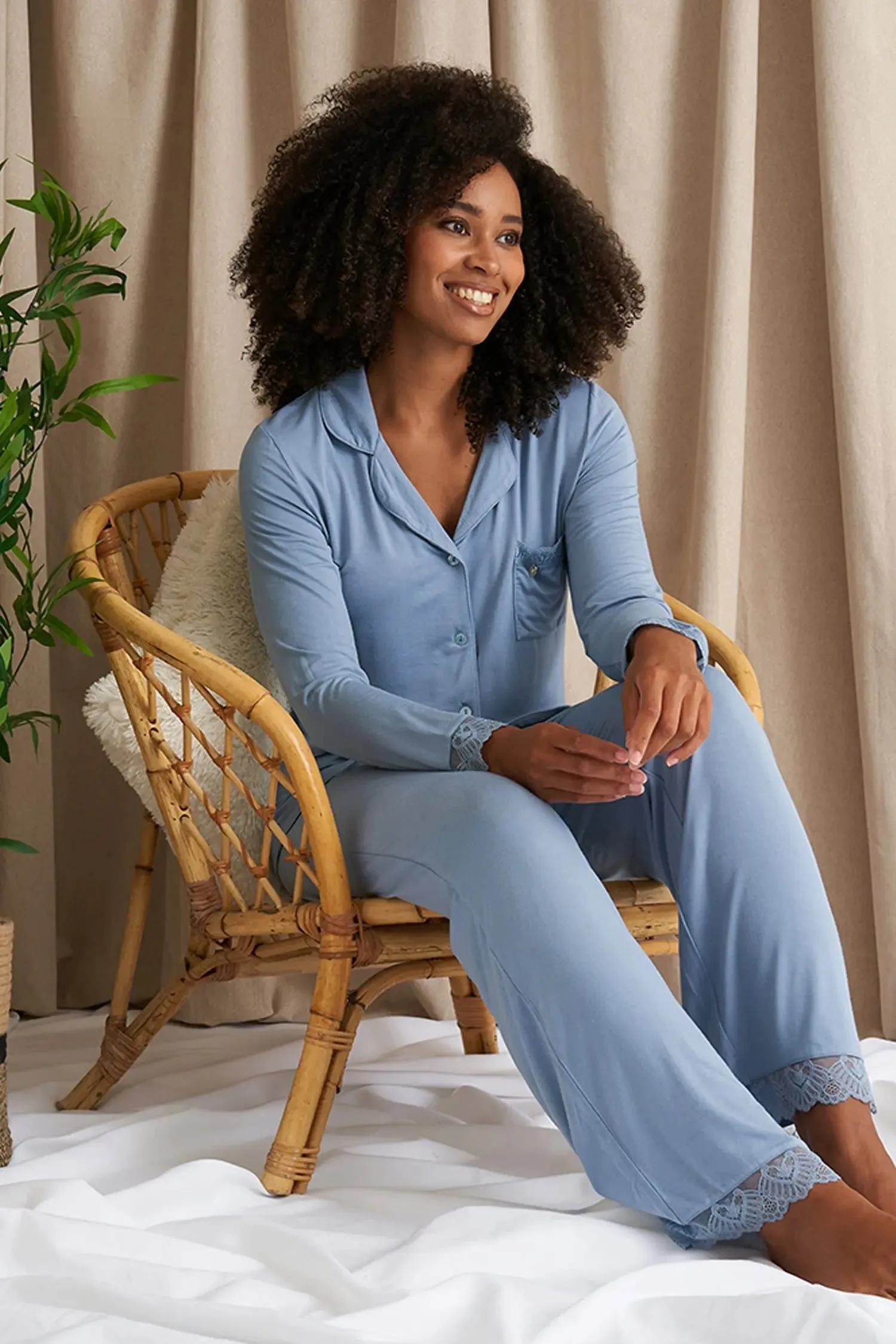 Bamboo Lace Pyjama Set in Blue Mist