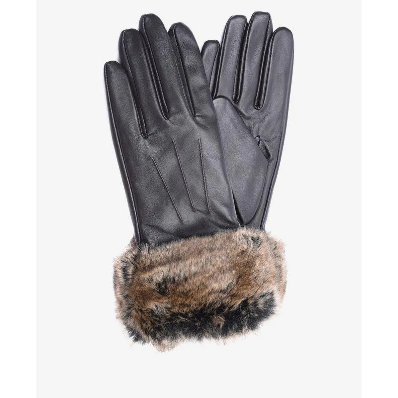 Barbour Fur Trimmed Ladies Leather Gloves - Dark Brown