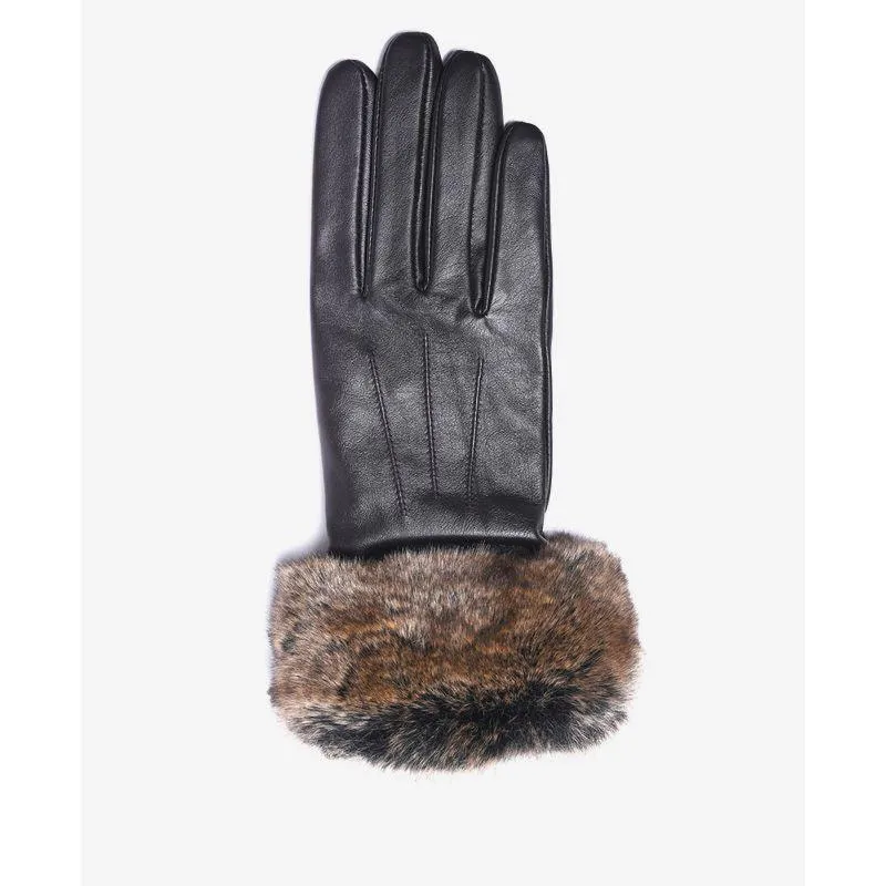 Barbour Fur Trimmed Ladies Leather Gloves - Dark Brown