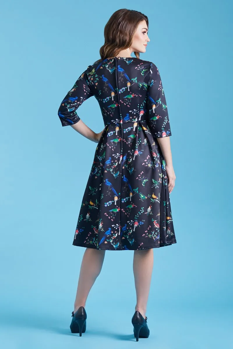 Beatrix Long Sleeved Midi Dress in Black Bird Print