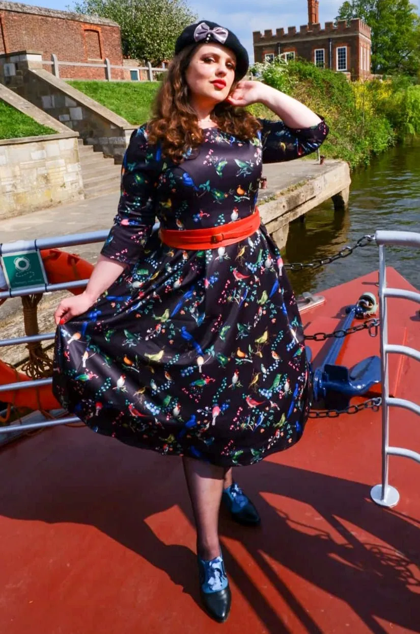 Beatrix Long Sleeved Midi Dress in Black Bird Print