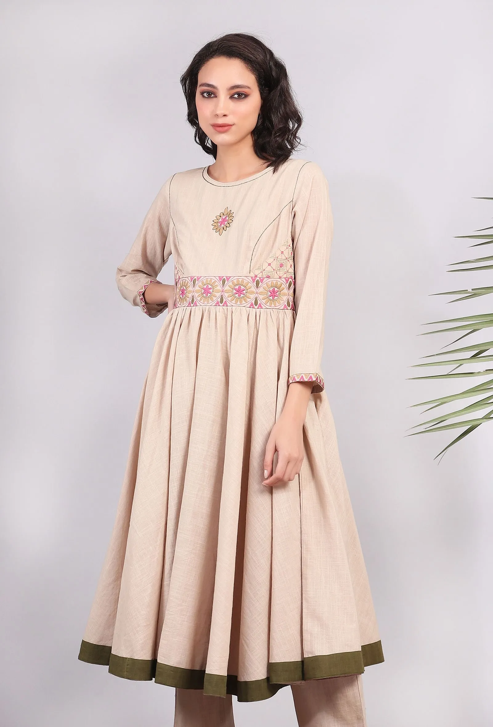 Beige Kantha Embroidered Flared Kurta Dress