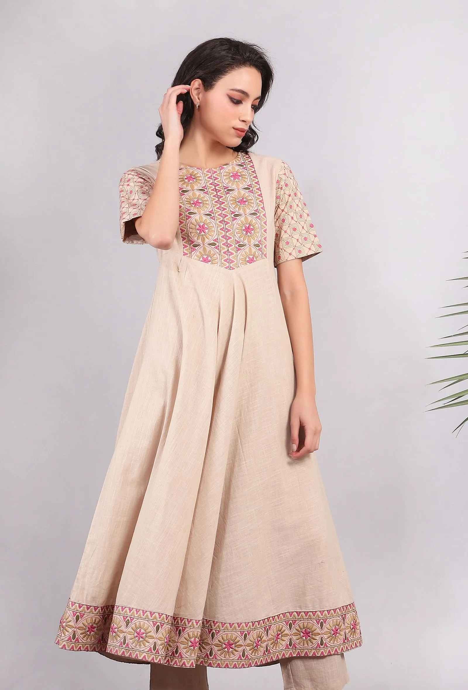 Beige Kantha Flared Kurta Dress