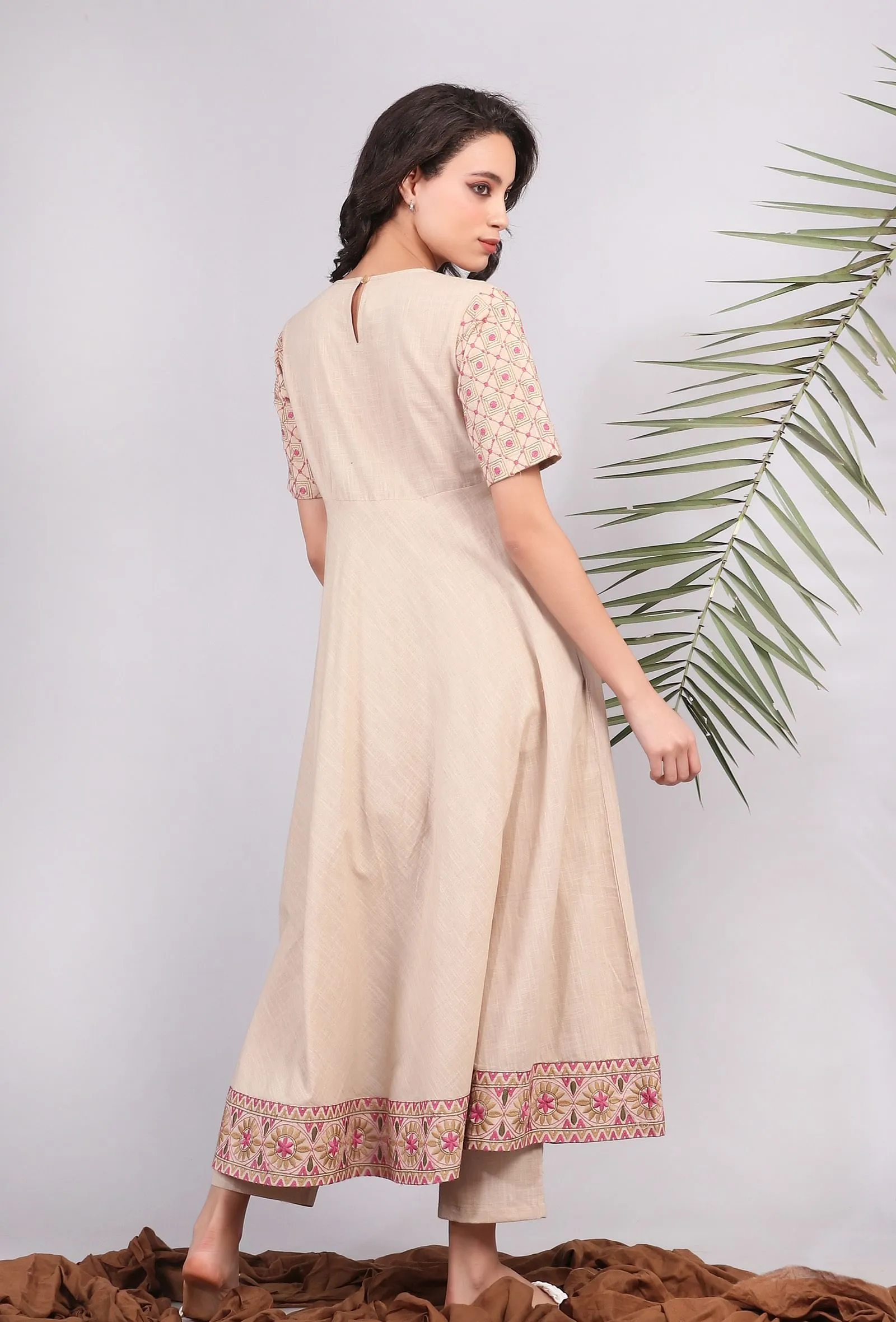 Beige Kantha Flared Kurta Dress