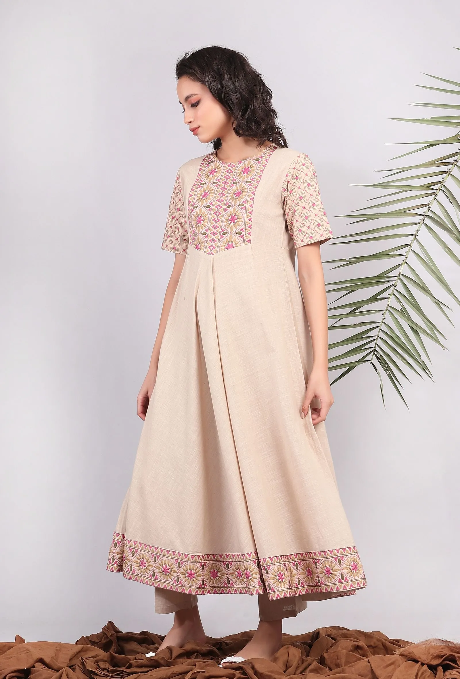 Beige Kantha Flared Kurta Dress