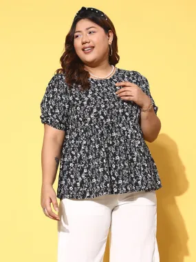 Berrylush Women Plus Size Black & White Floral Printed Round Neck Crepe Pleated A-Line Regular Top