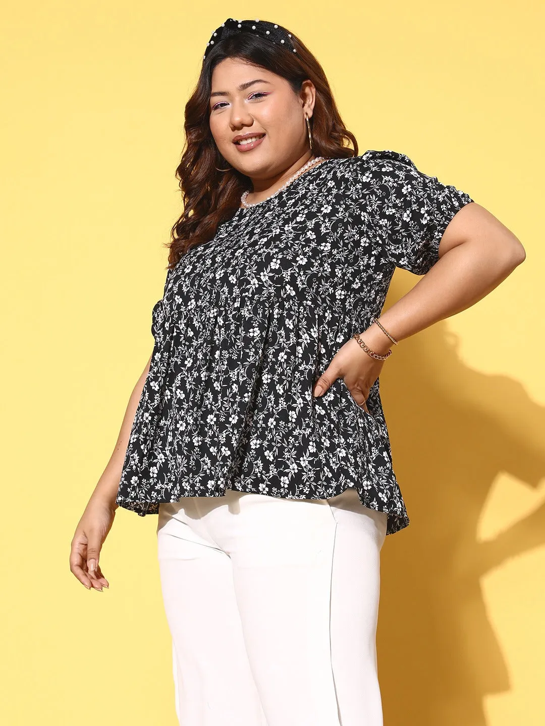 Berrylush Women Plus Size Black & White Floral Printed Round Neck Crepe Pleated A-Line Regular Top