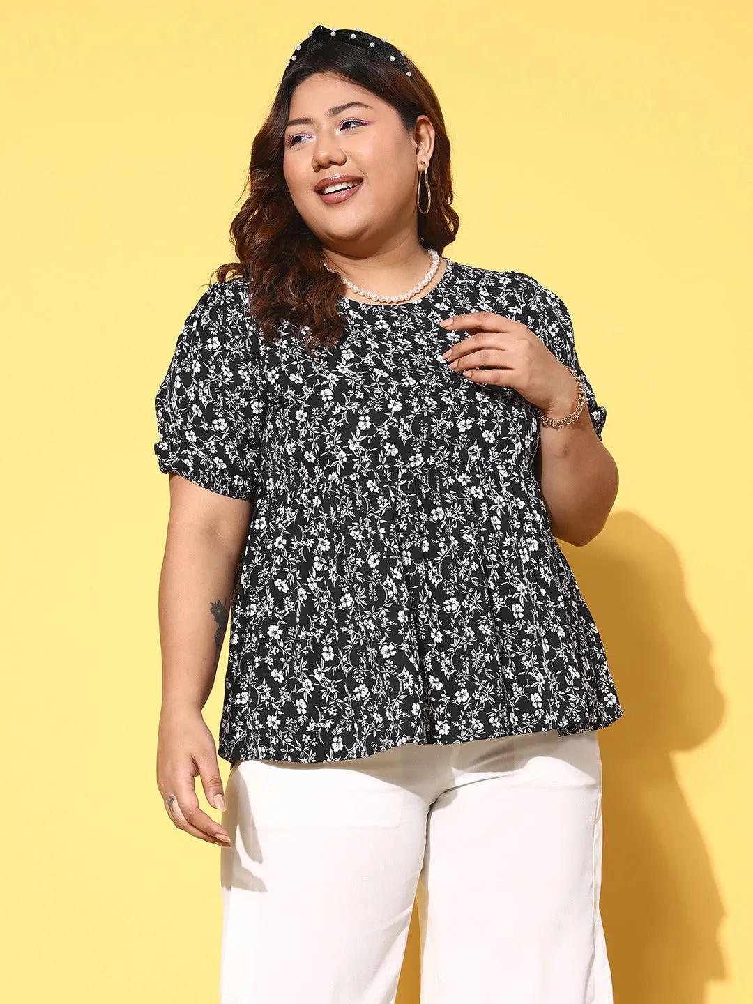 Berrylush Women Plus Size Black & White Floral Printed Round Neck Crepe Pleated A-Line Regular Top