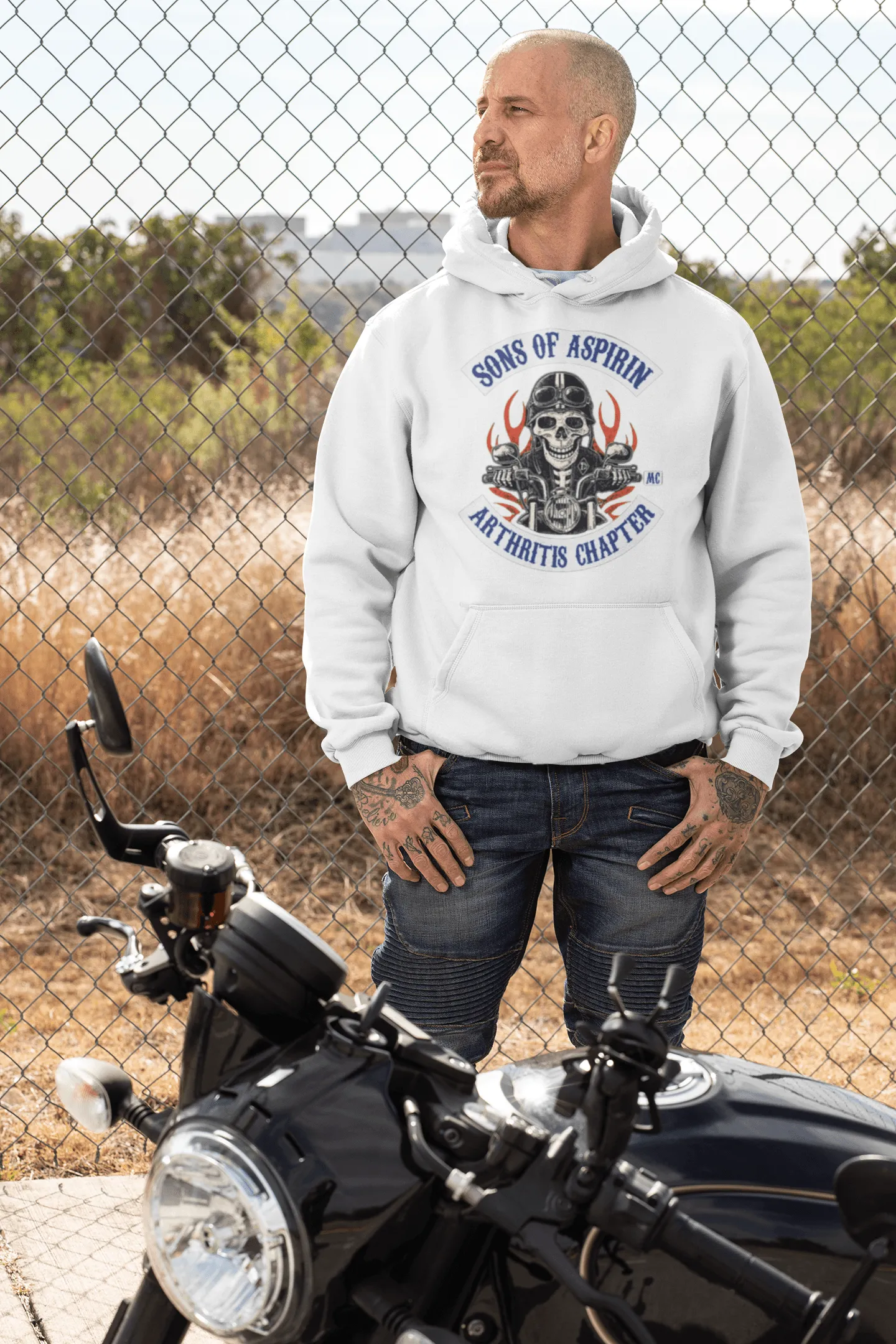 Biker Hoodie Sons of Aspirin Arthritis Chapter Blended Cotton Midweight Unisex Pullover