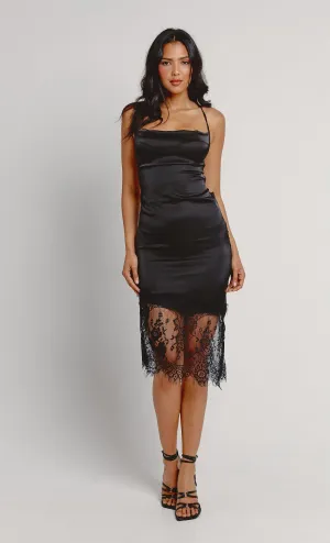 Black Lace Slip Cowl Midi Dress