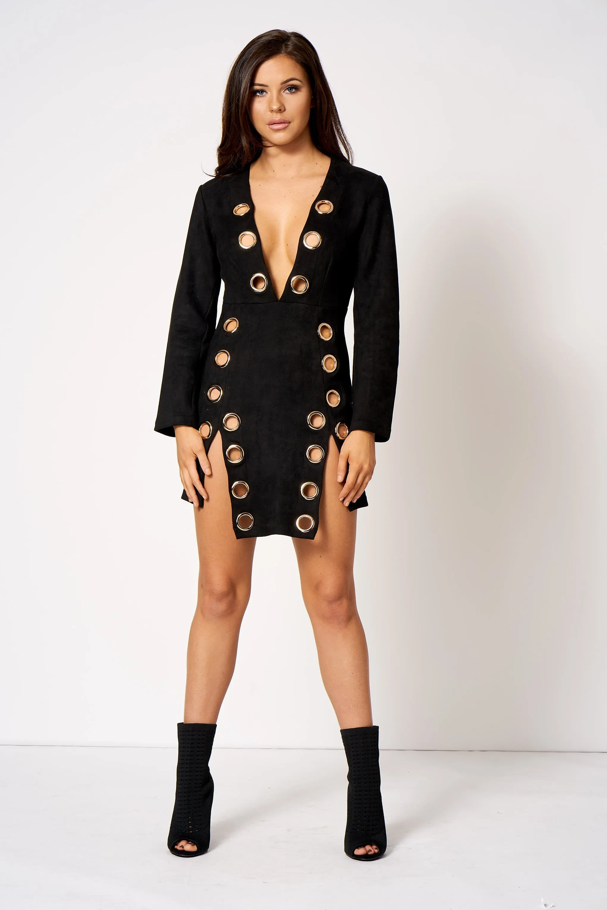 Black Plunge Front Split Eyelet Mini Bodycon Dress