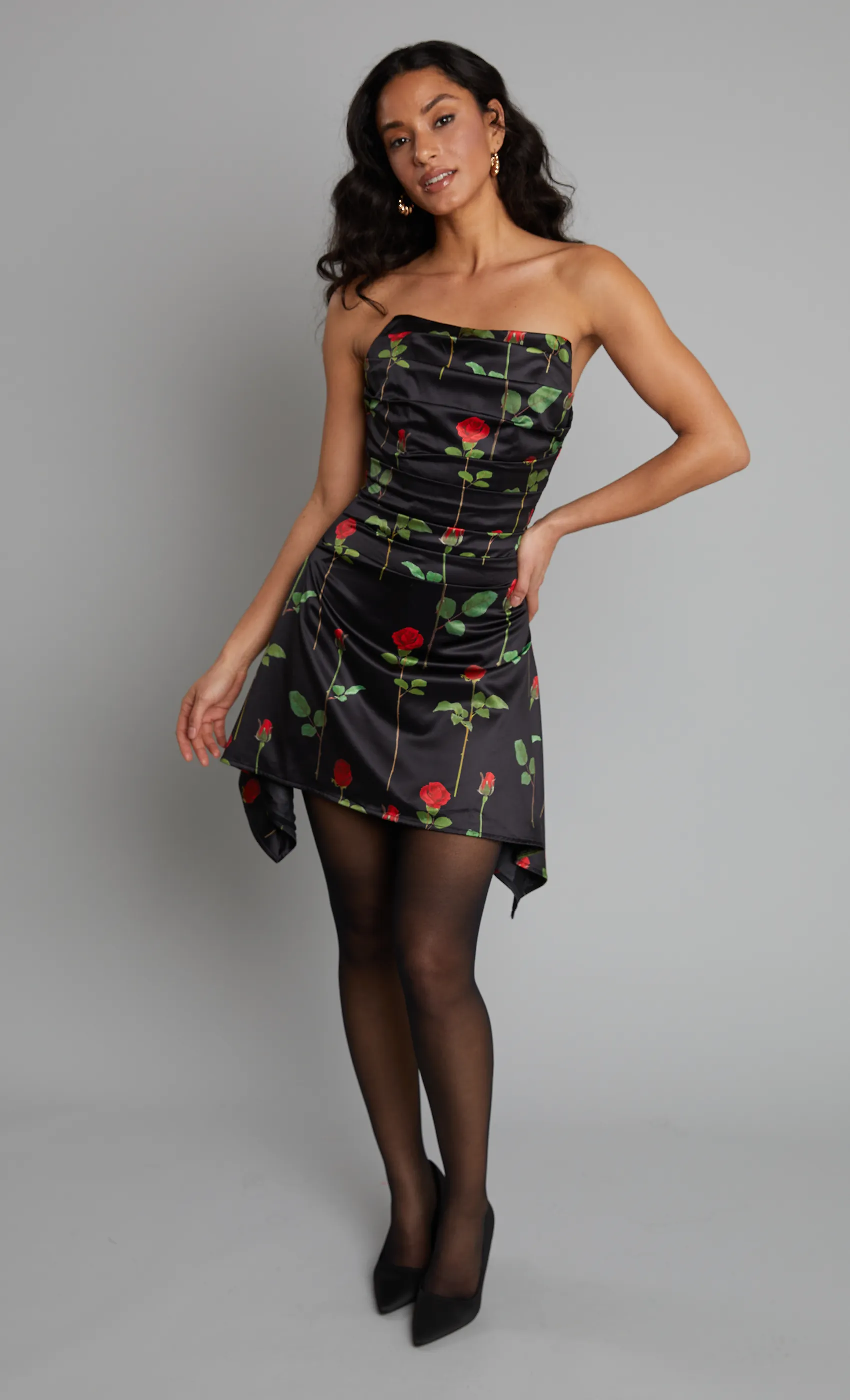 Black Rose Print Pleated Bustier Mini Dress