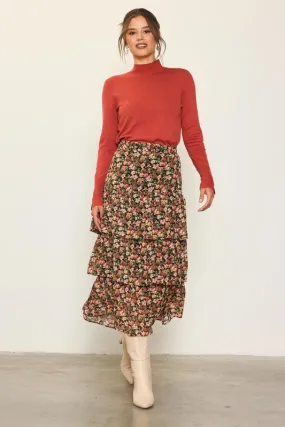 Black-Terracotta Floral Print Ruffled Midi Skirt