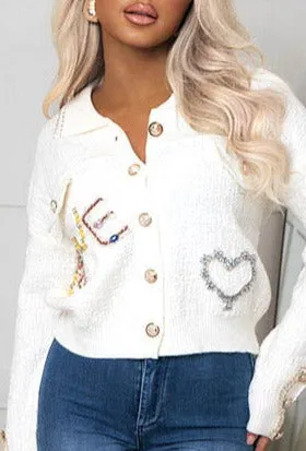 Blissful Blossom Cream Love Embroidered Button Collar Cardigan