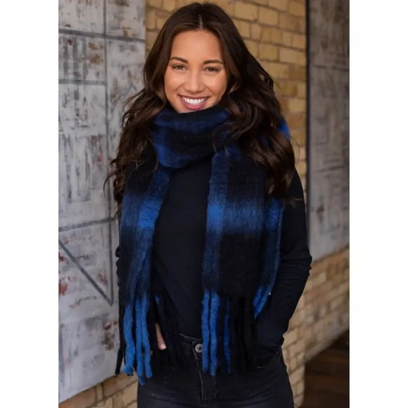 Blue & Black Plaid Knit Long Women's Winter Scarf w/ Casual Fringe