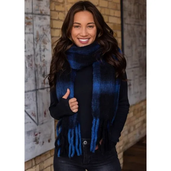 Blue & Black Plaid Knit Long Women's Winter Scarf w/ Casual Fringe