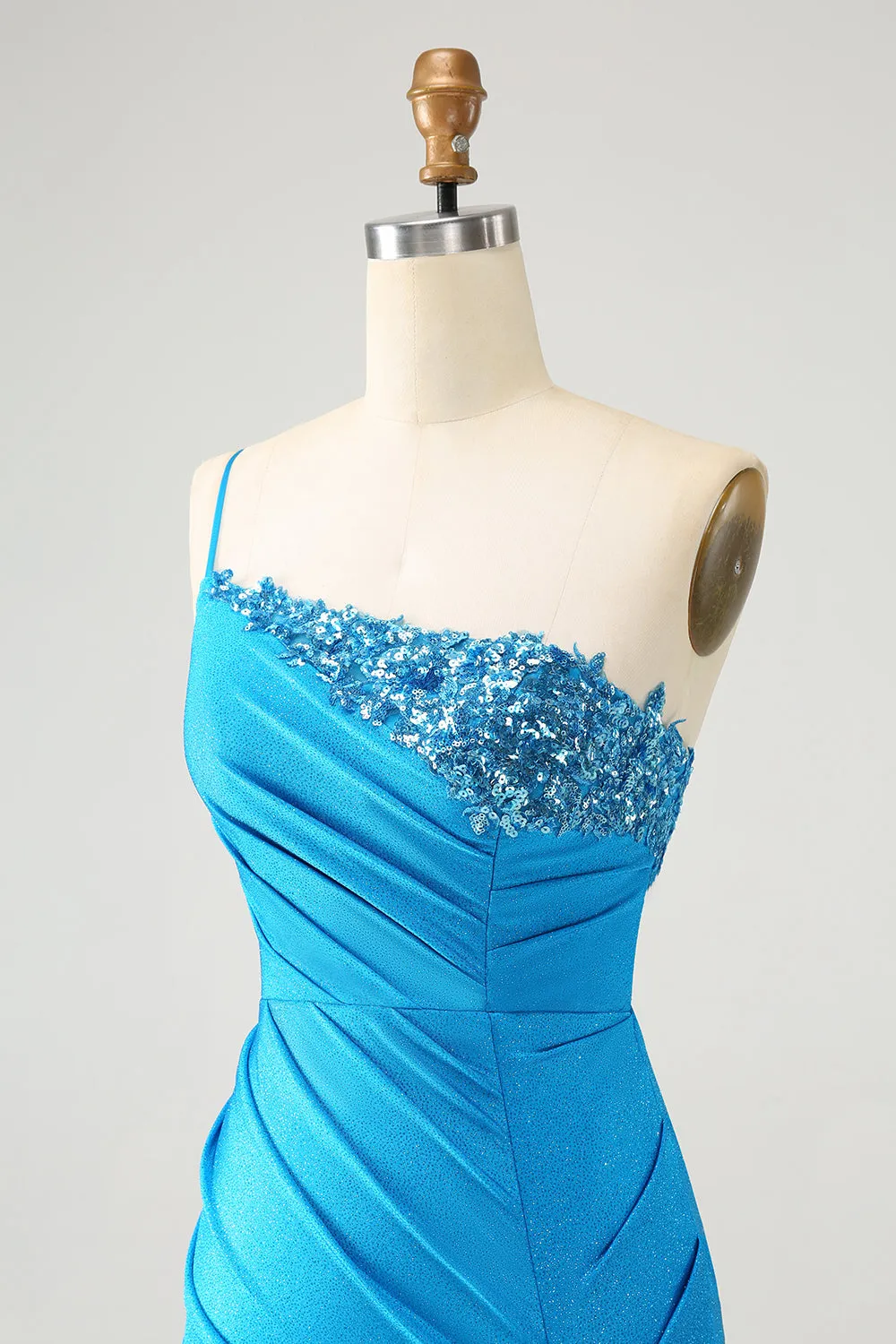 Blue Bodycon One Shoulder Ruched Satin Mini Dress with Sequins