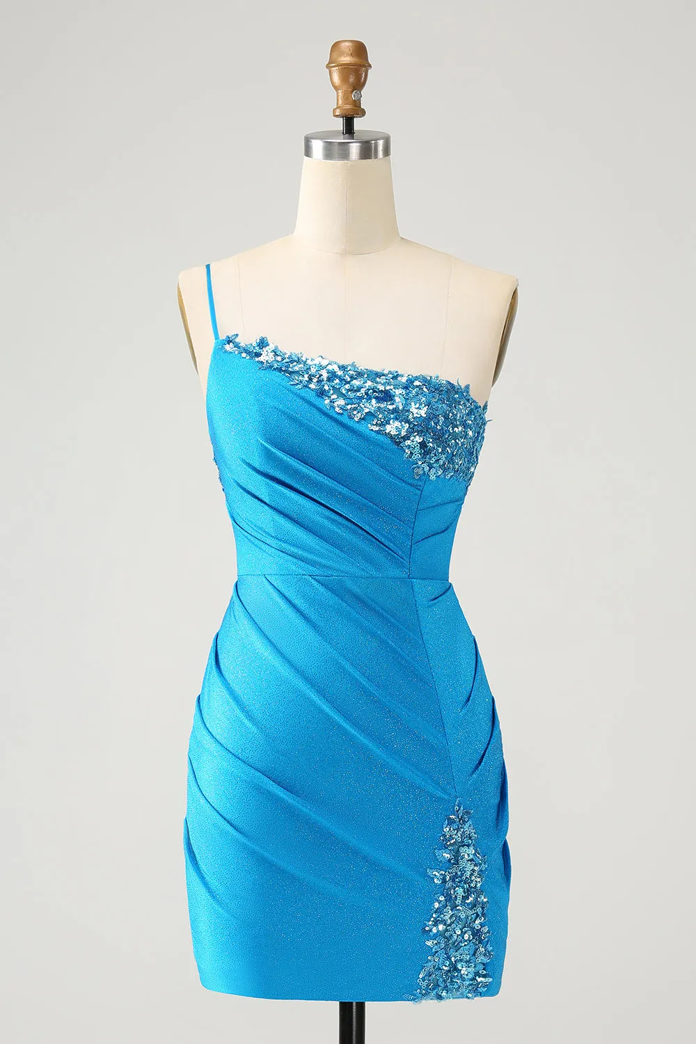 Blue Bodycon One Shoulder Ruched Satin Mini Dress with Sequins