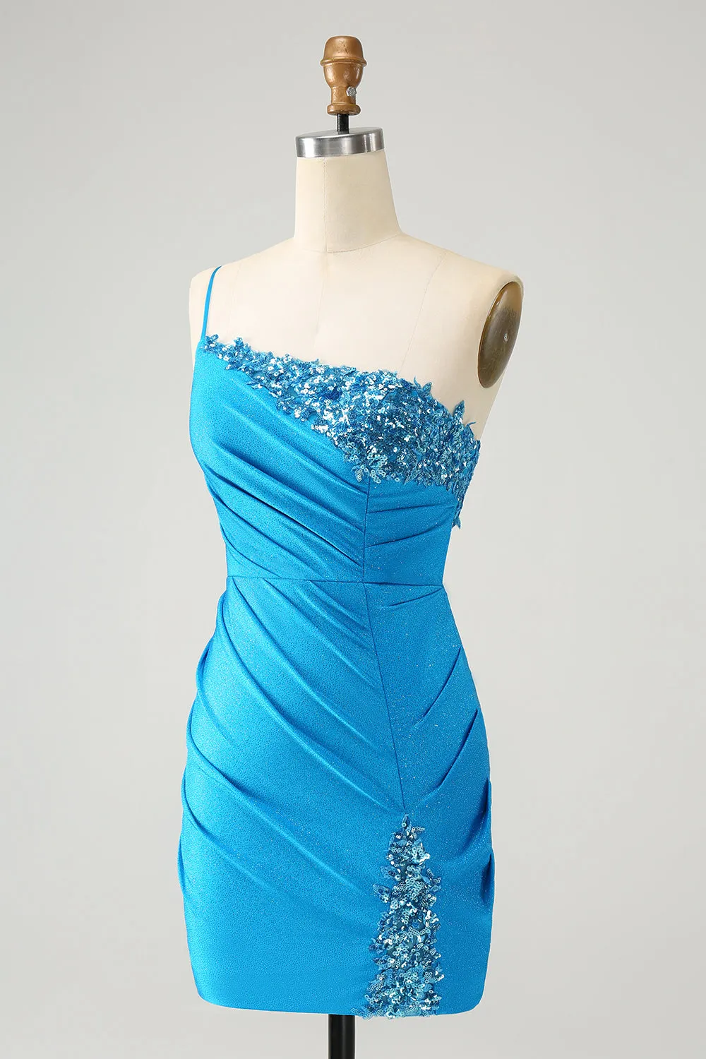 Blue Bodycon One Shoulder Ruched Satin Mini Dress with Sequins