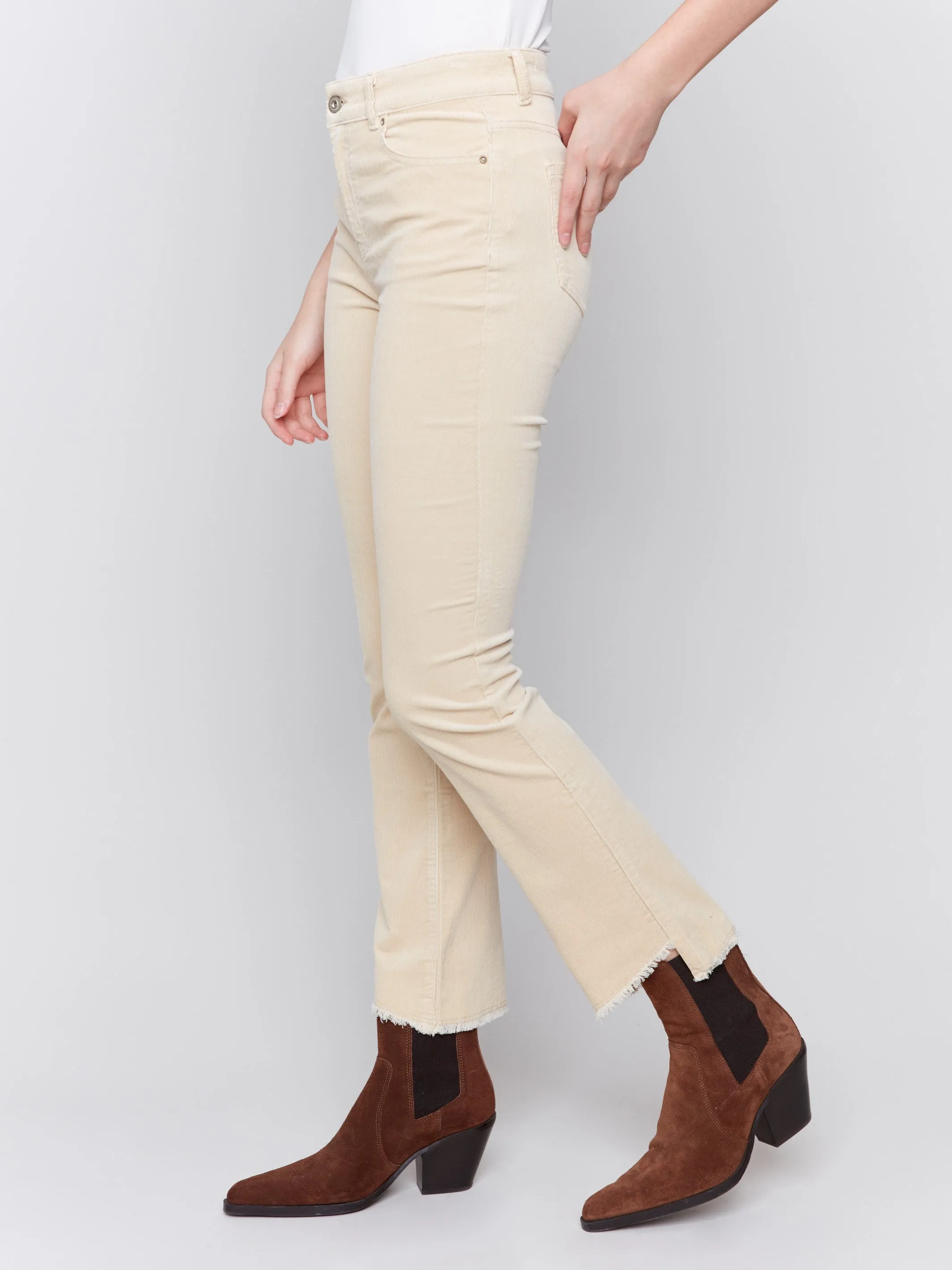 Bootcut Corduroy Pants with Asymmetrical Hem - Natural