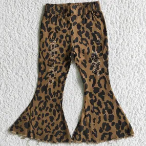 Boutique Baby Girls Denim Pants Leopard Fashion Girls Jeans Soft High Quality Toddler Girl Denim Bell Bottom Pants B3-28