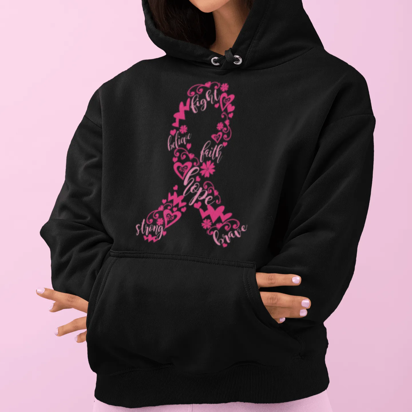 Breast Cancer Awarness Hoodie Pink Ribbon Midweight Blended Cotton Unisex Pullover