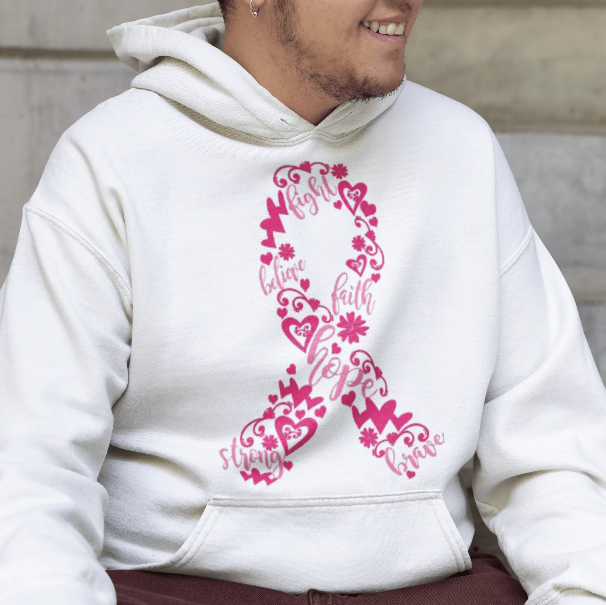 Breast Cancer Awarness Hoodie Pink Ribbon Midweight Blended Cotton Unisex Pullover