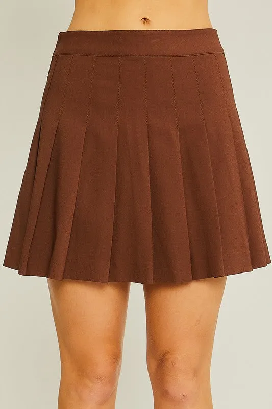 Brown Zip Back Pleated Skirt