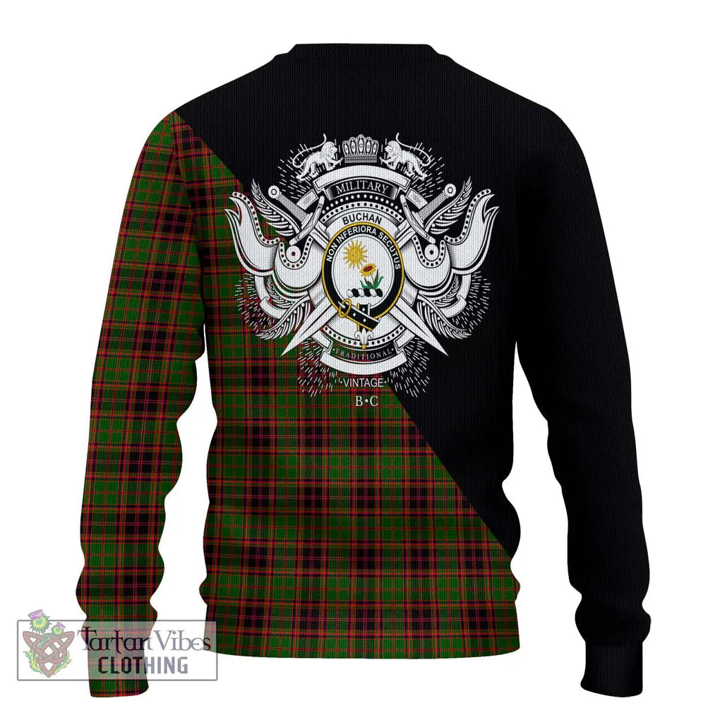 Buchan Tartan Ugly Sweater with Family Crest and Military Logo Style