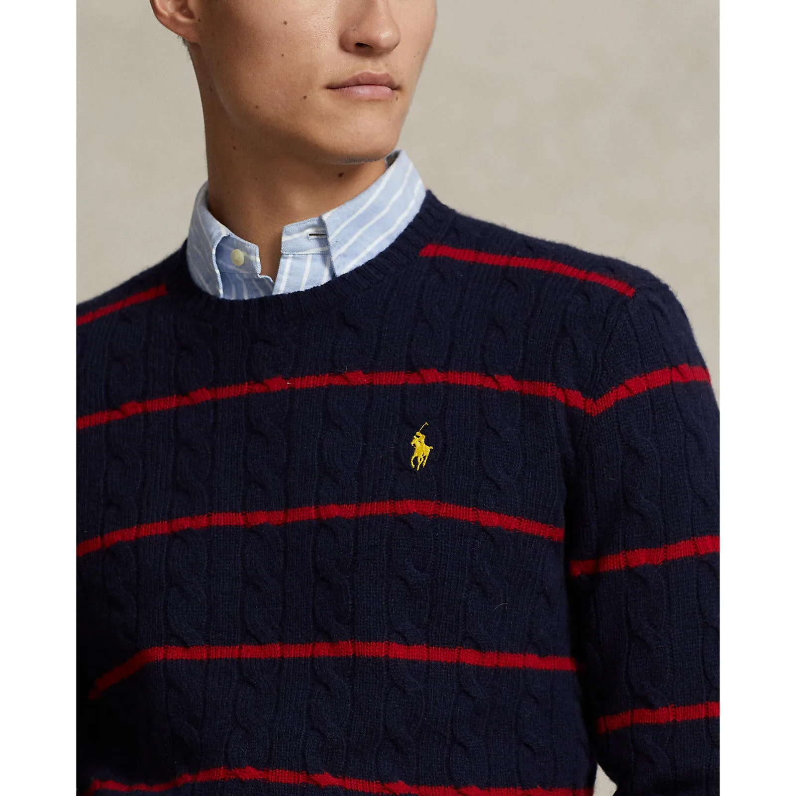 Cableknit Wool/Cashmere Crewneck Sweater - Striped - Navy & Red