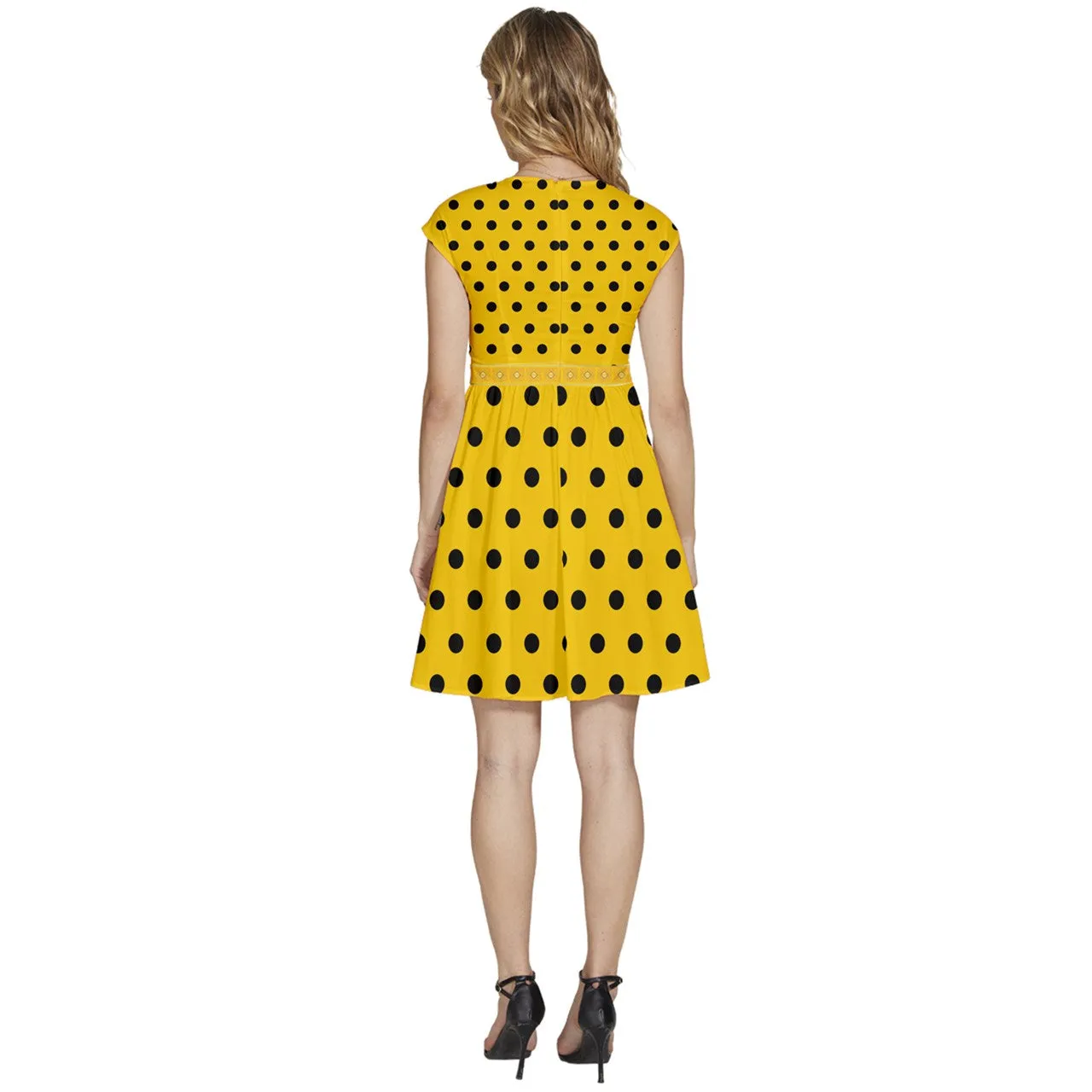 Cap Sleeve High Waist Dots Yellow Dress