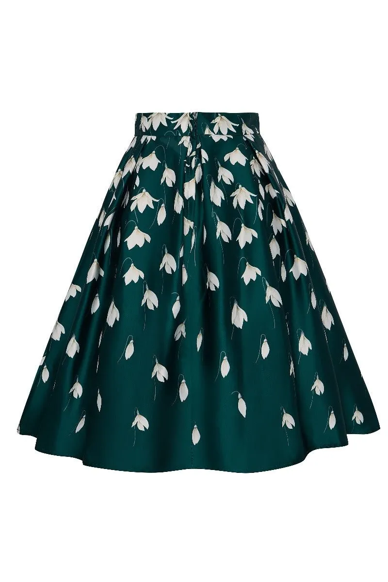 Carolyn Box Pleated Skirt In Green & White Snowdrops